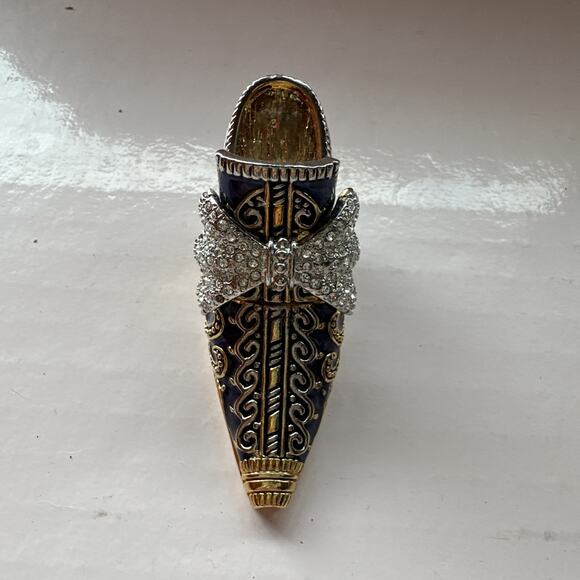 Enameled Set 2 Crystal Bejeweled Cloisonné High Heel Hinged Red Blue Trinket Box - Picture 4 of 14